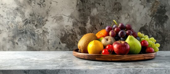 Poster - Close up view of a wooden tray with fruits on a kitchen table showcasing copy space image
