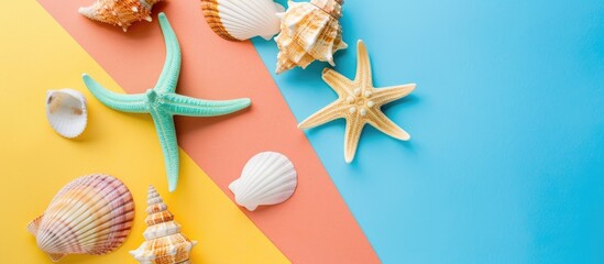 Poster - Top view flat lay composition featuring lovely starfish and seashells on a colorful table perfect for a summer time concept with copy space image for text