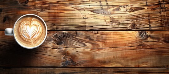 Aufkleber - Latte art featuring a heart design on a wooden background for flat lay composition with room for text next to it in the image. copy space available
