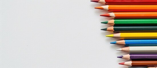 Poster - Colorful pencils for drawing supplies on a white background symbolizing an educational theme with available copy space image