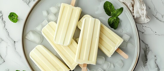 Poster - Top view of a plate with lime yogurt popsicles displaying against a marble background with copy space image is available