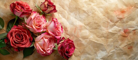 Aufkleber - Beautiful display of red and pink roses on vintage paper with an empty space for adding a personalized touch ideal for a copy space image