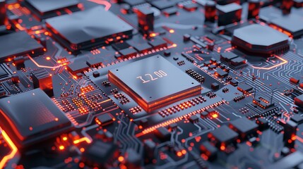 Poster - Close-up view of advanced integrated microchip on circuit board with glowing blue traces, highlighting cutting-edge semiconductor technology, electronic components, and innovation in microelectronics 