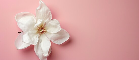 Aufkleber - Top view of a white flower isolated on a pink background with space for copy in the image