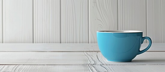 Aufkleber - A blue coffee cup sits on a white wooden table in a pleasant arrangement leaving room for additional elements in the composition of the copy space image