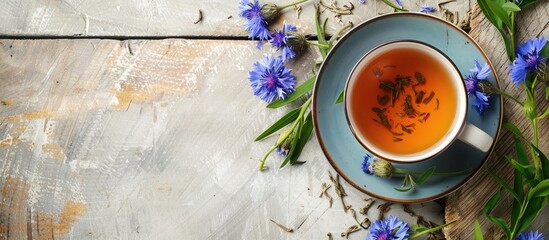 Aufkleber - Notebook featuring a delightful arrangement of fragrant green tea leaves and vibrant cornflowers on a copy space image