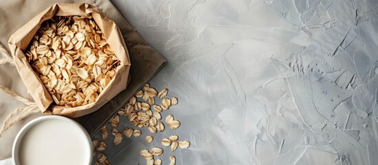 Poster - Natural oat flakes in an eco friendly paper bag on a linen background with copy space image accompanied by a cup of milk