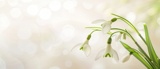 Poster - Snowdrop flower on a white backdrop with bokeh blur for copy space image