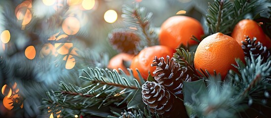 Fototapete - Winter themed background featuring tangerines a fir branch wreath and selective focus for copy space image during Christmas and New Year celebrations