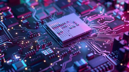 Poster - Close-up view of advanced integrated microchip on circuit board with glowing blue traces, highlighting cutting-edge semiconductor technology, electronic components, and innovation in microelectronics 