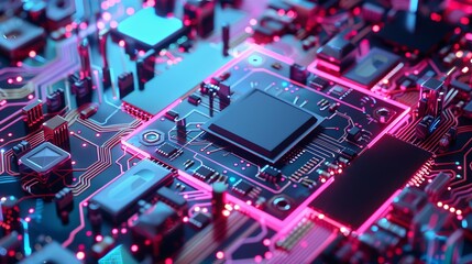 Poster - Close-up view of advanced integrated microchip on circuit board with glowing blue traces, highlighting cutting-edge semiconductor technology, electronic components, and innovation in microelectronics 