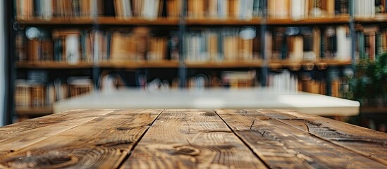 Aufkleber - The wooden table is bare set against a blurred library backdrop offering ample copy space for showcasing products complemented by a lovely array of books