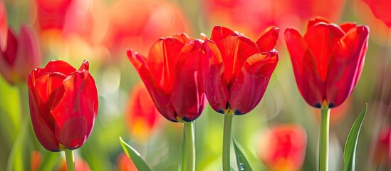 Fototapete - Macro shot of vibrant red tulips ideal for a holiday card or background with ample copy space image for text overlay