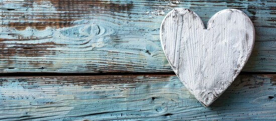 Wall Mural - Valentine s Day background with a white wooden heart on an old wooden surface perfect for a copy space image