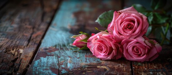 Poster - Beautiful pink roses on a wooden table with a background available for text or image insertion known as copy space image