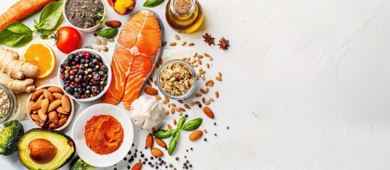 Poster - Nutritious food displayed on a plain white background reflecting the concept of a healthy diet with ample copy space image