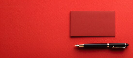 Fototapete - A business card and pen on a red paper background create an appealing top view flat lay with ample copy space image