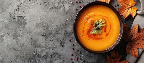 Poster - View from the top of a fall themed vegetarian pumpkin cream soup perfect for the season with ample copy space in the image