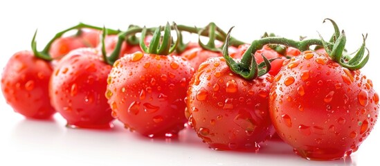 Aufkleber - Close up view of fresh Roma tomatoes with water drops isolated on a white background commonly known as Italian or plum tomatoes providing copy space image