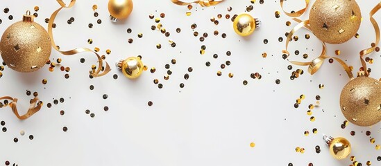 Poster - Festive Christmas flat lay with golden ornaments ribbons and confetti on a white surface perfect for text or images. copy space available