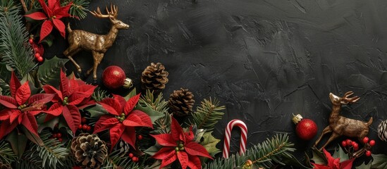 Aufkleber - Traditional Christmas decorations like red flowers deer and candy canes on a black background with spruce branches cones and ample copy space image