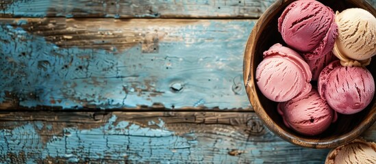 Poster - Scrumptious ice cream scoops displayed on a rustic wooden surface with room for text or other elements in the image. copy space available