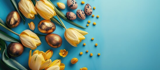 Poster - A stunning composition with Easter themed golden eggs yellow tulips and painted wooden eggs on a blue background offering ample copy space for text creating a beautiful greeting card template