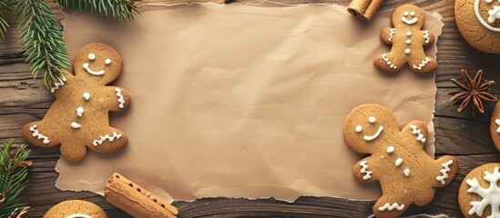Poster - Top view of a gingerbread Christmas cookie with blank paper for copy space image
