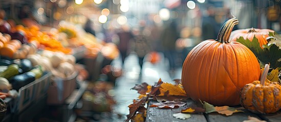 Poster - Concept of fall feasts and markets with an orange pumpkin in a shopping setting featuring a thematic display with copy space image