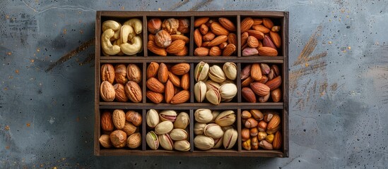 Poster - Assorted nuts displayed in a paper box on a table backdrop Close up view with copy space image for walnut pistachios almonds hazelnuts and cashews