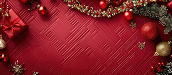 Wall Mural - Top view of a Christmas themed red herringbone background adorned with gold and red jewelry perfect for a copy space image