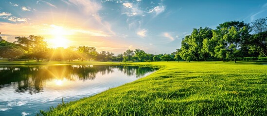 Leinwandbilder - Sunset light reflecting on a green grass field beside a tranquil lake and the sky in the background creating a serene park setting with copy space image
