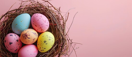 Aufkleber - Vibrant Easter eggs nestled in a nest on a soft pink backdrop creating a simplistic holiday setting with copy space image
