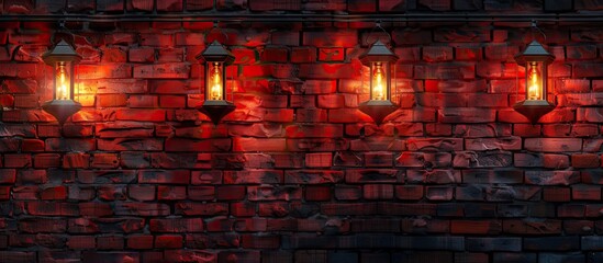 Poster - A brick wall with textured red bricks providing a backdrop featuring lantern lighting for an abstract copy space image