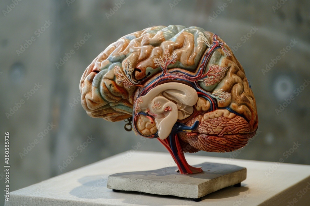 Anatomical model of a human brain is displayed showing veins, arteries ...