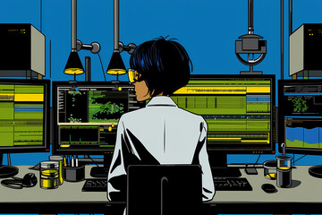 A scientist sits in a high-tech lab environment, monitoring various computer screens displaying data and graphics, with a focus on analysis and scientific research.