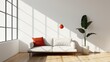 © DARIKA - A modern living room with a minimalist sofa and a large window providing an abundance of natural light and a sense of openness Illustration, Image, , Minimalism,