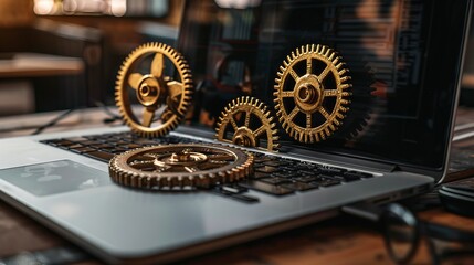 Poster - laptop computer with cogwheel gears on white desk, representing modern technology, innovation, and e