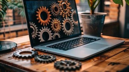 Poster - laptop computer with cogwheel gears on white desk, representing modern technology, innovation, and e