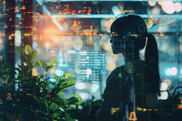 Fototapete - Silhouette of a young woman engineer working late and analyzing data using a futuristic head up display in an office at night