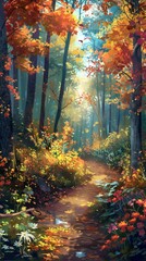 Wall Mural - Vibrant forest path in autumn, with colorful leaves and sunlight filtering through trees, perfect for a peaceful walk in october