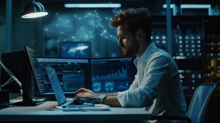 Poster - Male programmer focused on coding at computer desk in modern office environment with multiple monitors and coffee mug, emphasizing technology, software development, and work productivity