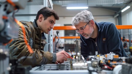 Poster - Mature engineer in a jacket explaining robotics technology to a young man in an industrial setting, showcasing advanced machinery and collaborative work environment, ideal for business presentations a