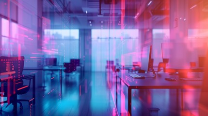 Poster - modern neon cyberpunk open space office interior with information technology overlay, featuring corp