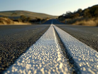 a straight road with a white line dividing the two sides, suitable for use in travel or transportati