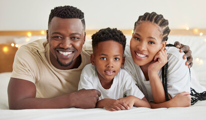 Poster - Black family, portrait and happy kid with parents in bedroom to relax in home. Face, mother and father with boy child in bed for support, connection and bonding together for healthy relationship