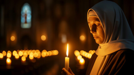 Poster - '' nun lighting a candle in a darkened church with soft golden light illuminating her face 