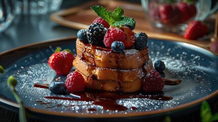 Sticker - French toast with berries and mint on plate