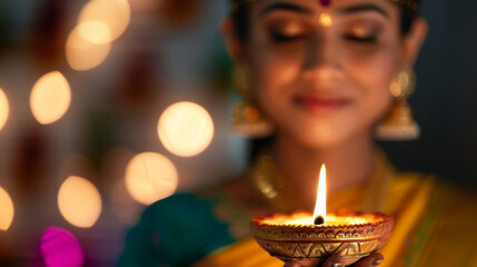 Poster - a closeup of a woman in traditional Indian attire, holding a lit diya lamp, with colorful Diwali decorations in the background 