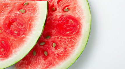 Poster - a refreshing closeup of a sliced watermelon with seeds on a white background, vibrant red and green colors 